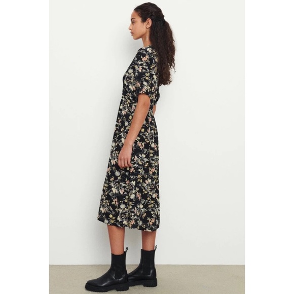 Ba&sh Floe Floral Midi Peasant Dress V Neck Short Sleeve Pleated - Picture 3 of 12